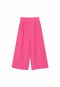 Różowe spodnie szerokie w nogawkach z wysokim stanem, z dwiema przednimi guzikami, gładką teksturą i fałdami dla luźnego fasonu.