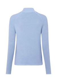 Hellblau gestrickter Pullover mit hohem Kragen, langen Ärmeln, strukturiertem Stoff und einer taillierten Passform mit gerippten Akzenten.