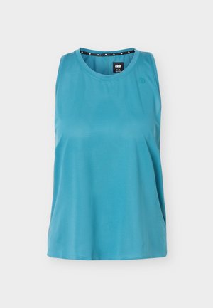 Sleeveless turquoise athletic tank top with round neckline, breathable mesh fabric, and a small logo near the left shoulder.