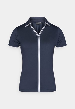 Navy polo shirt with short sleeves, featuring a white striped collar and placket, made from a smooth, stretchy material.