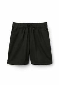 Černé šortky s elastickým páskem, šňůrkou a bočními kapsami. Vyrobené z lehkého materiálu s hladkou texturou.