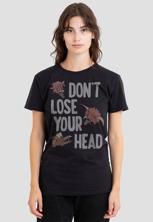Black cotton t-shirt featuring "DON'T LOSE YOUR HEAD" in bold gray text, with red and brown stylized animal heads as accents. Classic fit, short sleeves.