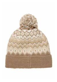 Brązowa dziana czapka z białymi geometrycznymi wzorami, teksturowanym ściągaczem i puszystym pomponem na górze. Ciepły i przytulny materiał.