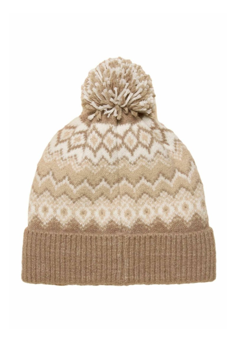 Brązowa dziana czapka z białymi geometrycznymi wzorami, teksturowanym ściągaczem i puszystym pomponem na górze. Ciepły i przytulny materiał.