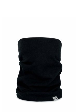 Tour de cou noir tricoté avec une petite étiquette de logo triangulaire blanche au bord inférieur, présenté sur fond blanc.
