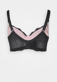 Sutiã preto e rosa com copas de tecido transparente, renda nas bordas, alças ajustáveis e fecho de gancho e olho nas costas.