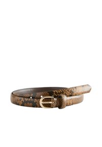 Brown snakeskin-patterned leather belt with a glossy finish and a gold-tone metal buckle. Five holes for adjustment.