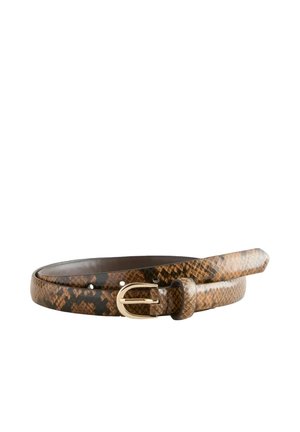 Brown snakeskin-patterned leather belt with a glossy finish and a gold-tone metal buckle. Five holes for adjustment.