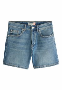 Shorts en jean bleu avec bouton et fermeture éclair à l'avant, passants de ceinture, poches avant et poche monnaie, posés à plat sur fond blanc.
