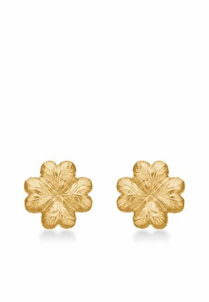 Øreringe formet som guldblade med detaljeret gravering, der har fem kronblade og en tekstureret finish. Velegnet til daglig brug eller særlige lejligheder.
