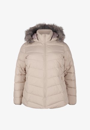 Beige Daunenjacke mit horizontalem Steppmuster, abnehmbarer Kapuze aus Kunstfell und seitlichen Reißverschlusstaschen. Glatte Textur.