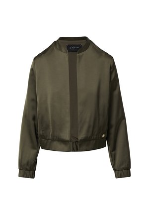 Olive green bomber jacket with a smooth satin finish, cropped design, round neckline, and elastic cuffs; features a central closure panel.