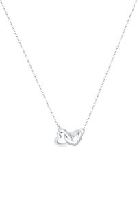 Silberne Halskette mit zwei ineinandergreifenden Herzformen, eine mit glatter Oberfläche und die andere besetzt mit klaren Steinen, an einer zarten Kette.