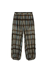 Bukser med løs pasform i ternet mønster af brun, sort og beige, elastisk talje og elastiske, rynkede manchetter ved anklerne.