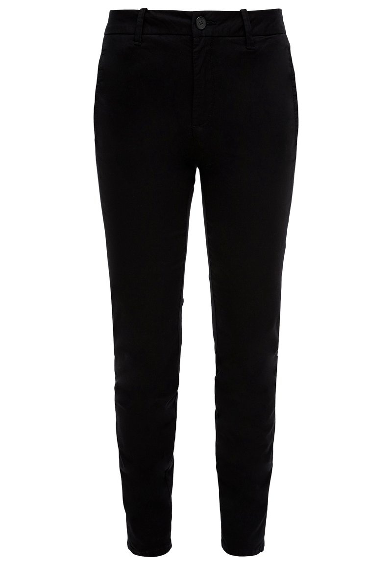 Pantalon noir slim en tissu léger, avec fermeture à boutons, passants pour ceinture et texture lisse.