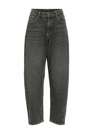 Jean en denim noir délavé taille haute avec poches avant, passants pour ceinture, fermeture par bouton et jambes fuselées.