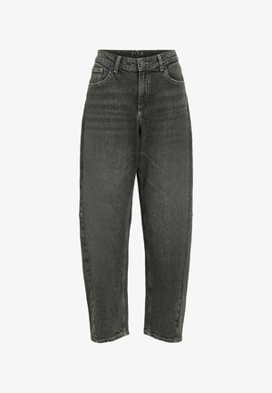 Jean en denim noir délavé taille haute avec poches avant, passants pour ceinture, fermeture par bouton et jambes fuselées.