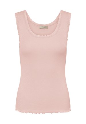 Débardeur rose clair côtelé avec bordure en dentelle festonnée au niveau de l'encolure, des emmanchures et de l'ourlet, style sans manches et ajusté.