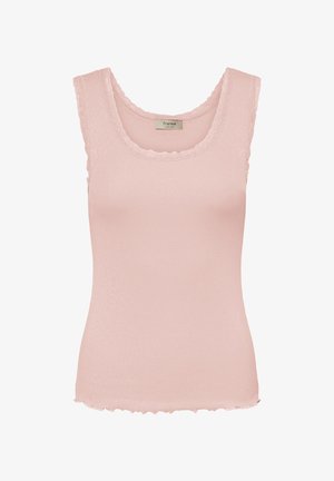 Hele-roosa soonikkoega top, millel on kaunis laineline pitsääris kaelusel, käeaukudel ja alläärisel, varrukateta ja keha järgiva lõikega.