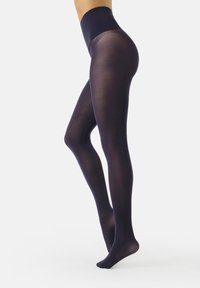 Panta opachi color navy con una cintura ampia, texture liscia e un design aderente, che si estende dalla vita alla punta.
