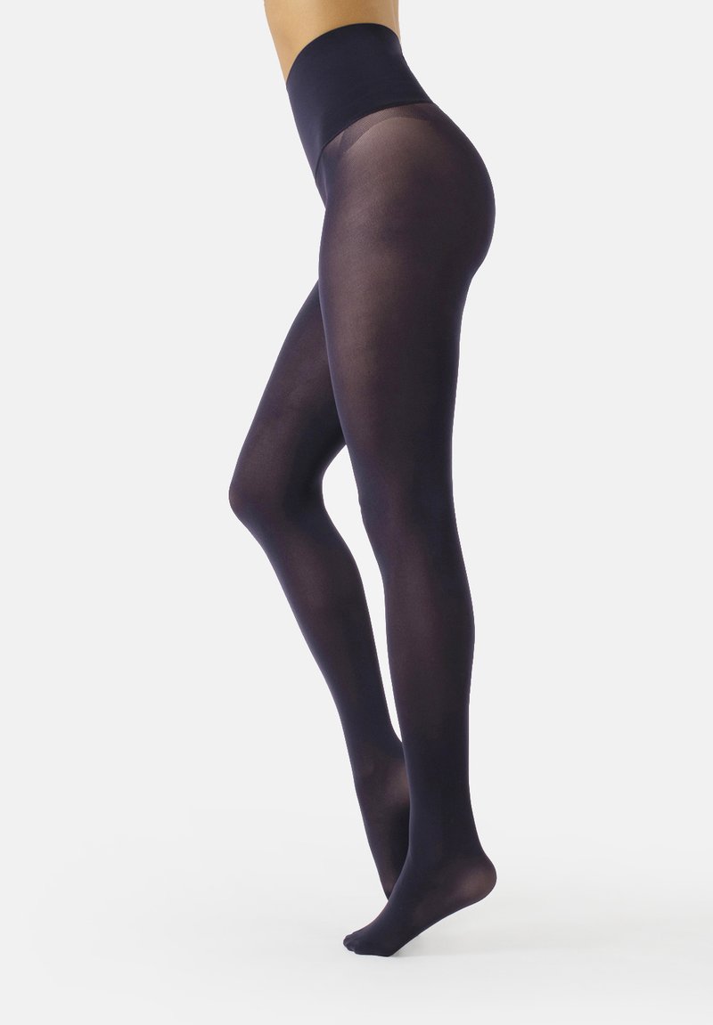 Panta opachi color navy con una cintura ampia, texture liscia e un design aderente, che si estende dalla vita alla punta.