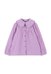 Lavender button-up shirt with a ruffled collar and long sleeves, featuring a textured fabric and wooden buttons down the front.
