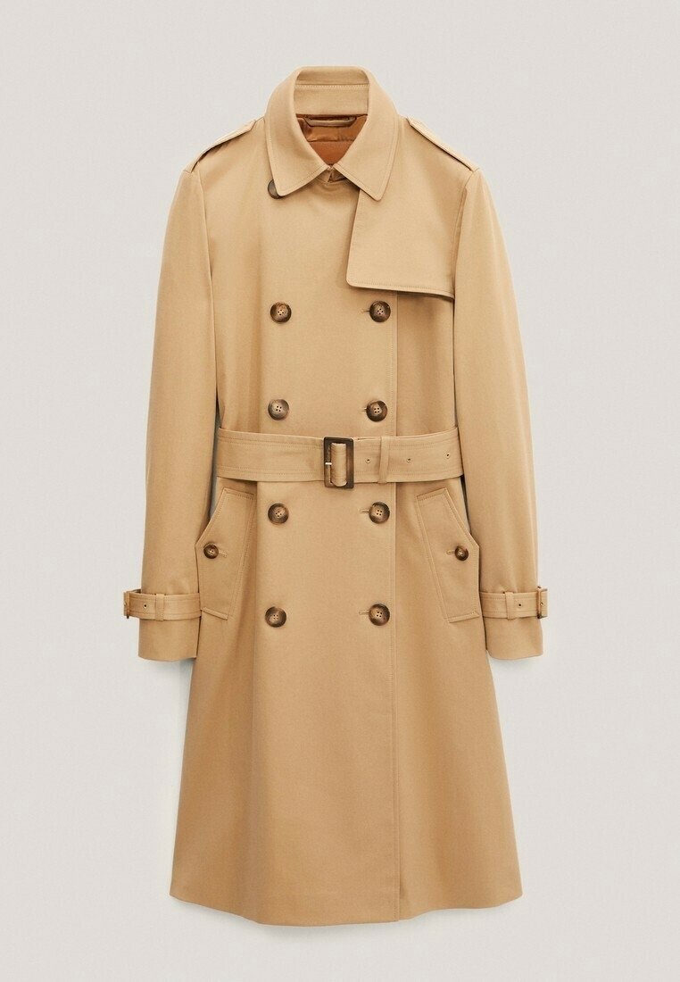 Beige Trenchcoat mit doppelt knöpfbarem Design, großen Knöpfen, tailliertem Gürtel und seitlichen Taschen. Glattes Material mit Schulterepauletten.