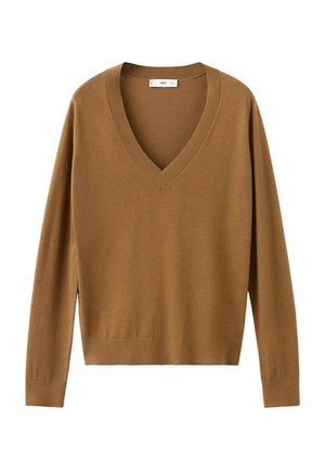 Rjavo, dolg rokav pleten pulover z globokim V-izrezom in rebrastimi manšetami. Mehka tekstura in oprijeta silhueta, zasnovana za priložnostno nošenje.