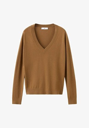 Rjavo, dolg rokav pleten pulover z globokim V-izrezom in rebrastimi manšetami. Mehka tekstura in oprijeta silhueta, zasnovana za priložnostno nošenje.