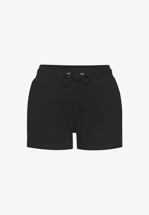 Shorts en coton noir avec une taille élastique à cordon de serrage, dotés d'œillets dorés et d'une coupe décontractée. Texture lisse et bords ourlés.