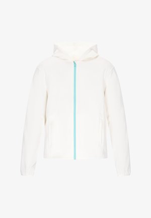 White hooded jacket featuring a front zipper in turquoise, long sleeves, and side pockets, made with a smooth, lightweight material.