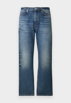 Hellblaue Jeans aus Denim mit geradem Bein, ausgewaschenen Bereichen, fünf Taschen und klassischem Knopfverschluss an der Taille.