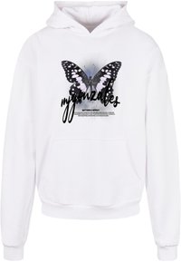 Hoodie blanc avec un graphic de papillon en noir et rose, portant le texte « mygonzakes » en dessous et « BUTTERFLY EFFECT » en plus petite police en dessous.