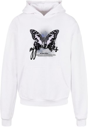 White hoodie featuring a butterfly graphic in black and pink with the text “mygonzakes” beneath and “BUTTERFLY EFFECT” in smaller font below.