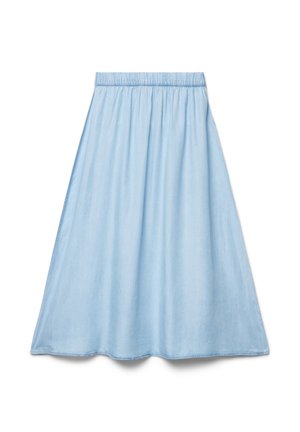 Jupe trapèze bleu clair avec taille élastique, tissu lisse et ourlet légèrement évasé, présentée sur fond blanc.