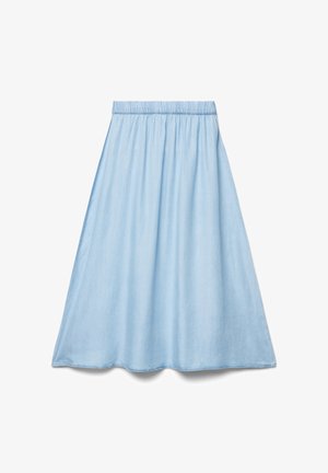 Jupe trapèze bleu clair avec taille élastique, tissu lisse et ourlet légèrement évasé, présentée sur fond blanc.