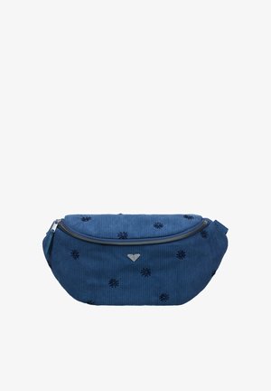 Niebieska nerka z sztruksu z małymi haftowanymi wzorami kwiatowymi, srebrnym zamkiem błyskawicznym i małym metalowym logo w kształcie serca na przodzie.