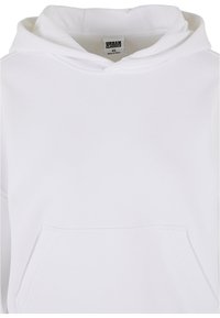 Weißer Hoodie mit Kängurutasche, Kapuze mit Kordelzug und gerippten Bündchen. Aus weichem Stoff gefertigt, bietet er eine normale Passform und hat keine sichtbaren Muster.