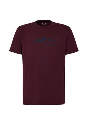 T-shirt bordeaux realizzato in tessuto morbido, con una grafica di montagna in blu scuro e il nome del brand "FALKE" sotto il design. Maniche corte.