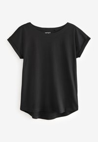 T-shirt noir à manches courtes avec un col large, tissu lisse et un ourlet légèrement arrondi. Présente un design minimaliste sans motifs.