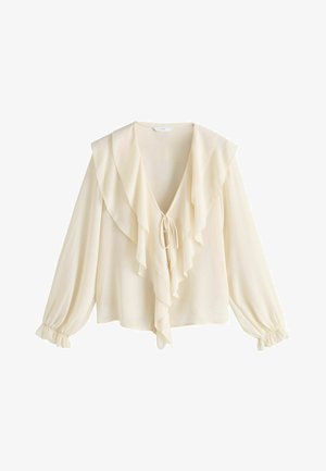 Cremefarbene Bluse aus leichtem Stoff mit tiefem V-Ausschnitt, großem Rüschenbesatz und gesammelten elastischen Bündchen an den Ärmeln.