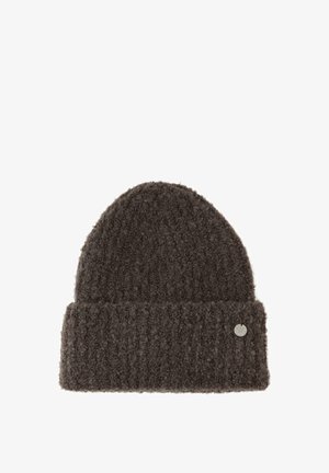 Berretto a maglia grigio, con texture, dotato di risvolto e piccolo logo metallico sulla parte laterale. Realizzato in un materiale morbido e caldo.