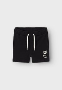 Black cotton shorts with an elastic waistband and white drawstring; features a panda embroidery on the lower left leg.