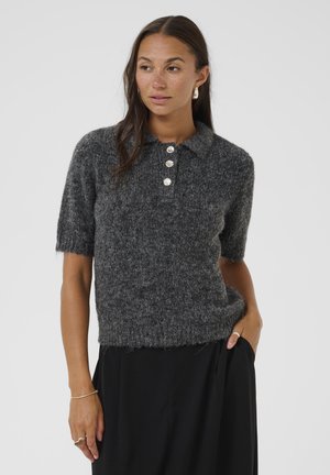 Short-sleeve polo sweater in dark gray, made of fuzzy material. Features a ribbed collar and three silver buttons on the front.