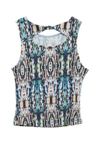 Mouwloze gebreide top met een patroon, multicolor abstracte print en een gedraaide sleutelgatdetail bij de achterste halslijn.