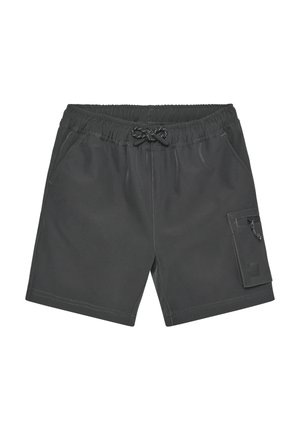 Herren-Shorts in dunkelgrau aus leichtem Stoff, mit elastischem Bund und Kordelzug, Fronttaschen und einer seitlichen Cargotasche.