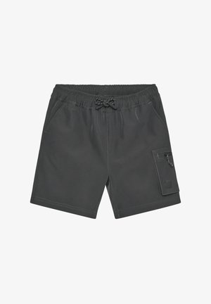 Donkergrijze herenshorts van lichtgewicht stof, met een elastische tailleband met trekkoord, voorzakken en een zijwaartse cargozak.