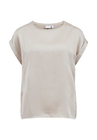 Blouse beige en satin avec un col arrondi et des manches retroussées. Texture lisse, coupe décontractée, sans motifs ni accents visibles.