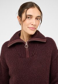 Burgunderfarbener Strickpullover mit hohem Kragen, halbem Reißverschluss und einem runden Metall-Zipper sowie strukturiertem Stoffmuster.