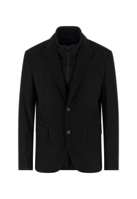 Zwarte blazer met een ritssluiting puffer binnenlaag, voorzien van twee frontzakken en een knoopsluiting, gemaakt van soepel materiaal met een getailleerd ontwerp.